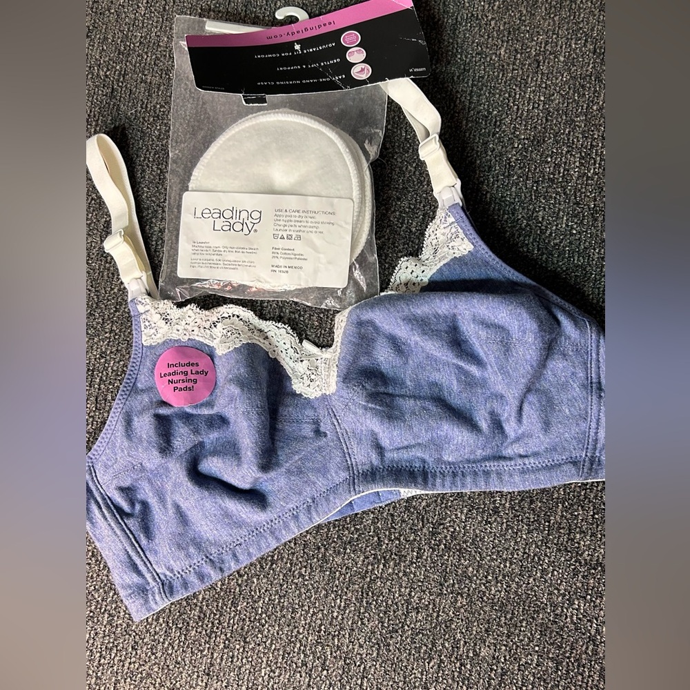 Leading Lady Nursing Bra with nursing pads 34B cotton blue no underwire